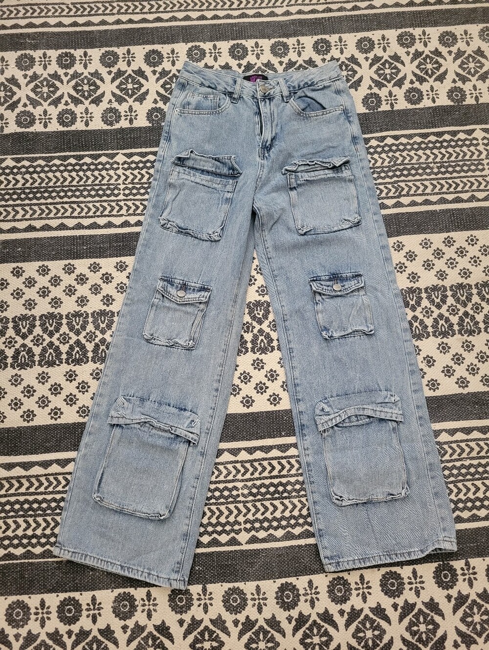 Simpler Daze Baggy Style Light Wash Wide-Leg Cargo Jeans Pockets Size 5